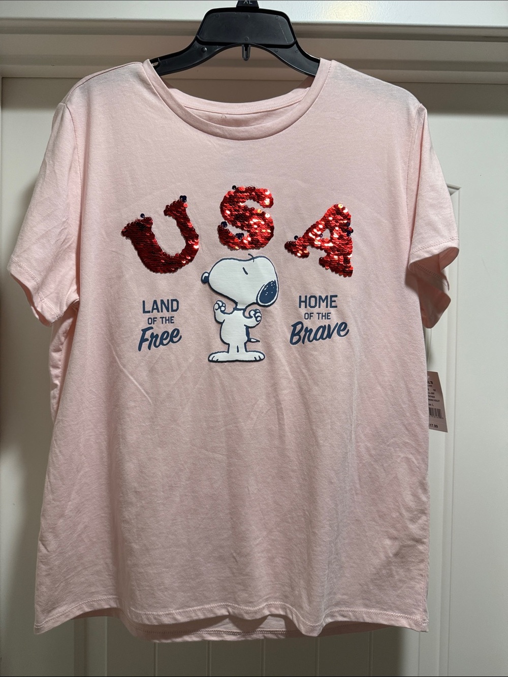 Peanuts Light Pink Tee with Red Sequin USA Graphic